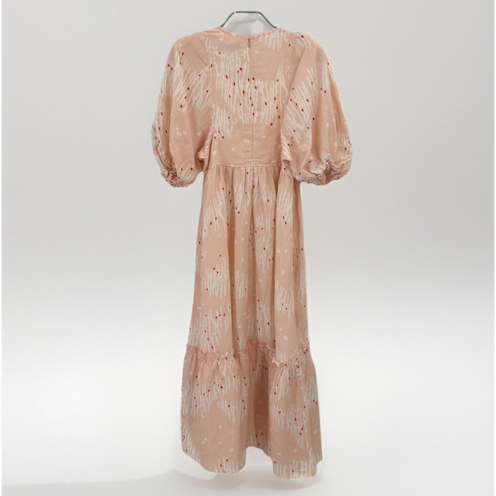 Hunter Bell Abstract Coral Palmer Linen Maxi Dress size XS Puff Sleeve Tiered - Picture 14 of 16